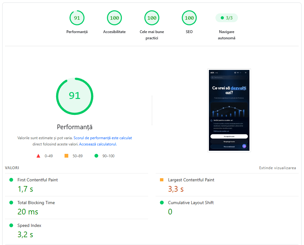 Rezultat PageSpeed pe mobil